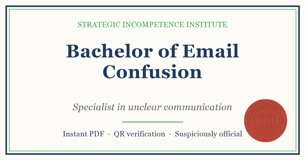 Preview of the Bachelor of Email Confusion certificate