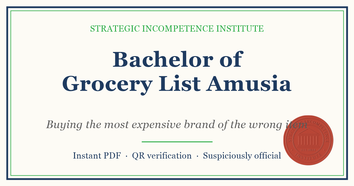 Preview of the Bachelor of Grocery List Amusia certificate