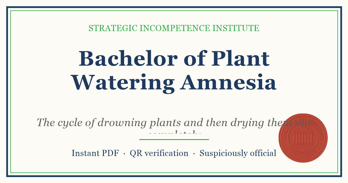 Preview of the Bachelor of Plant Watering Amnesia certificate