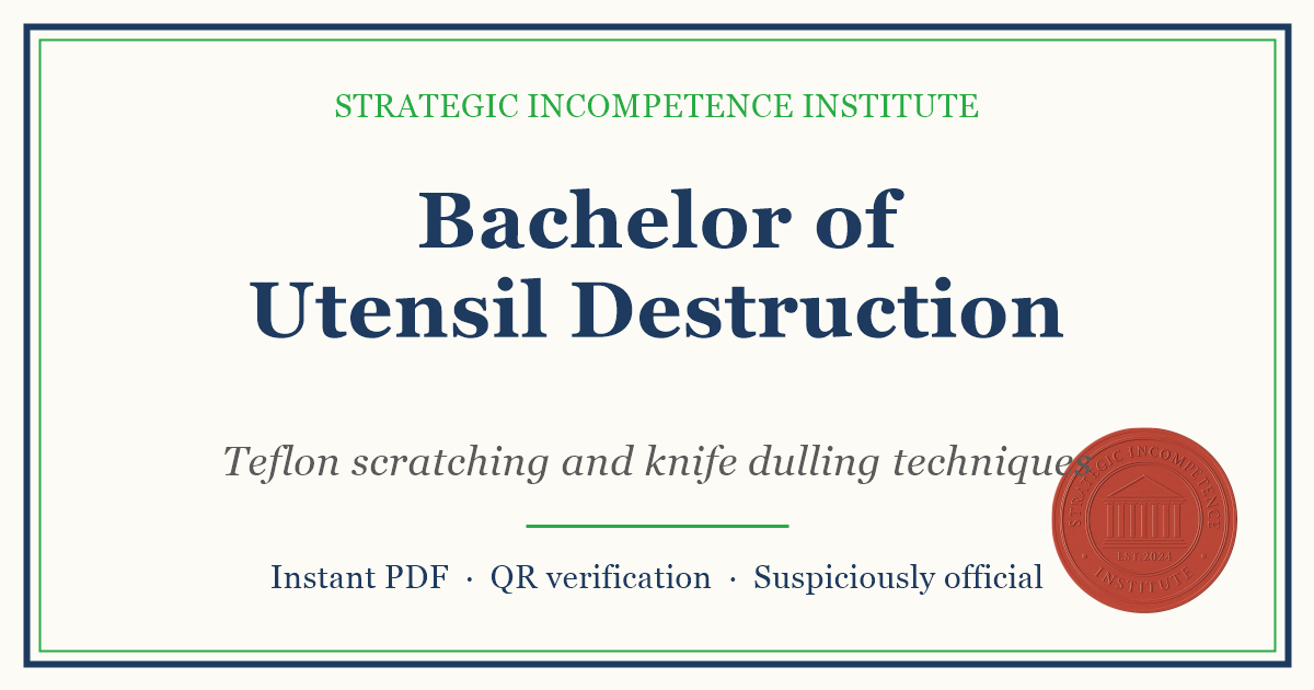 Preview of the Bachelor of Utensil Destruction certificate
