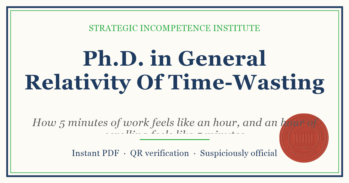 Preview of the Ph.D. in General Relativity Of Time-Wasting certificate