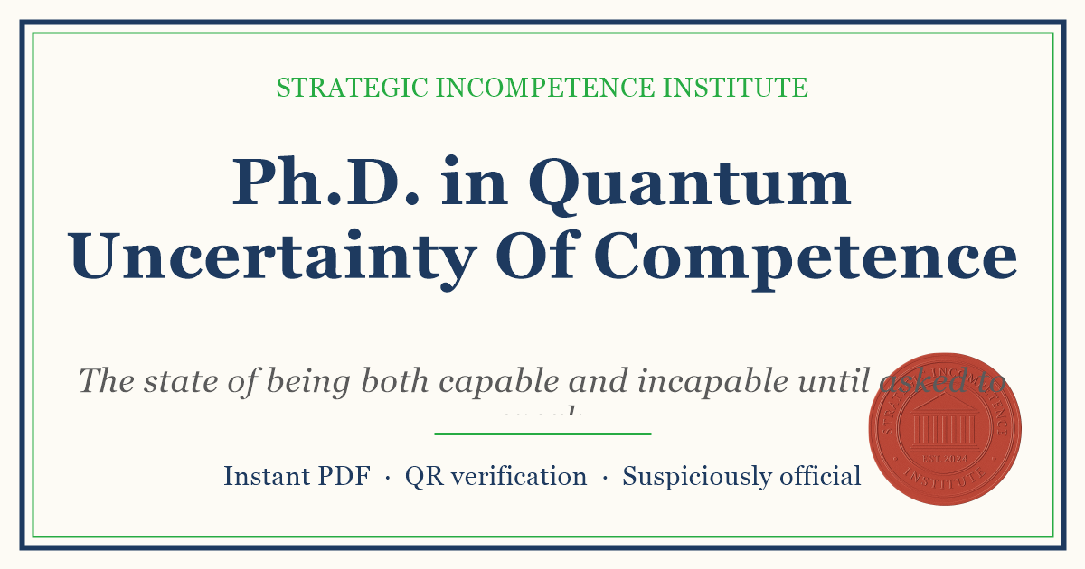 Preview of the Ph.D. in Quantum Uncertainty Of Competence certificate