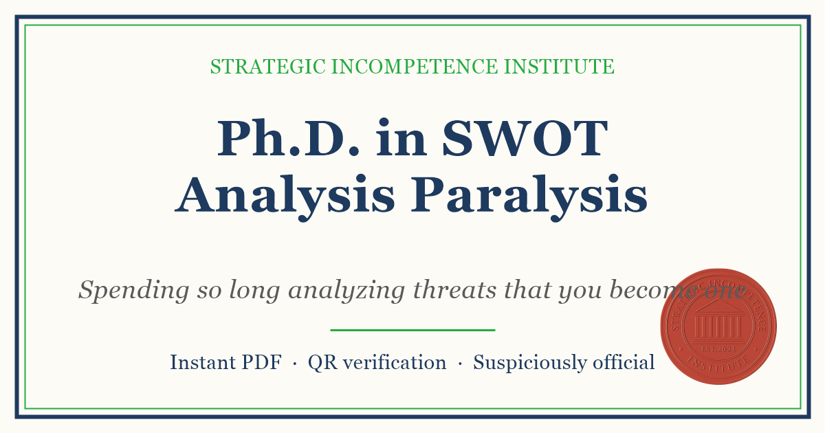 Preview of the Ph.D. in SWOT Analysis Paralysis certificate